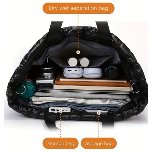 Silver Quilted Puffer Tote Bag Large Capacity Shoulder Travel Carryall - Picture 4 of 6